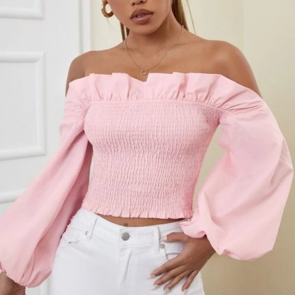 Off Shoulder Ruffle Trim Shirred Long sleeved Crop Blouse Pink - Picture 4 of 5
